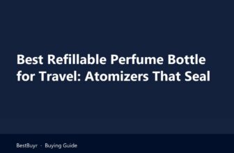 refillable perfume bottle options for travel next to a toiletry bag and passport